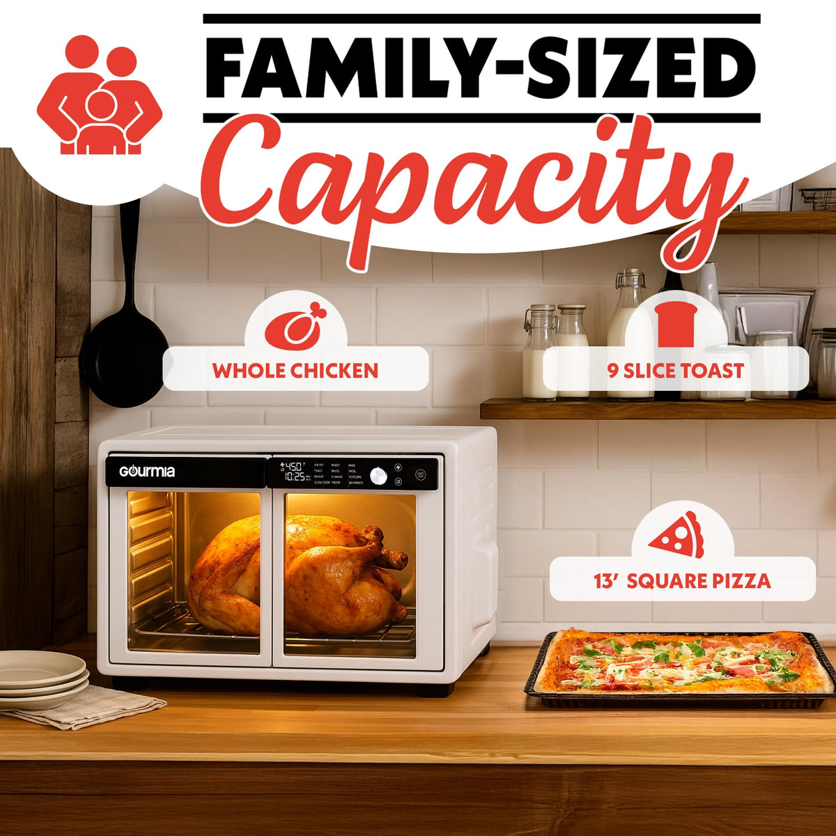Gourmia 1700-watt power with wide 90–450°F range for versatile cooking