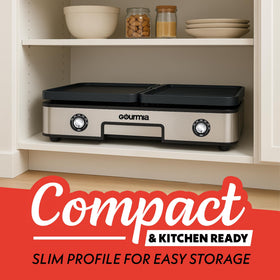 Gourmia pull-out drip tray simplifies cleanup after cooking.