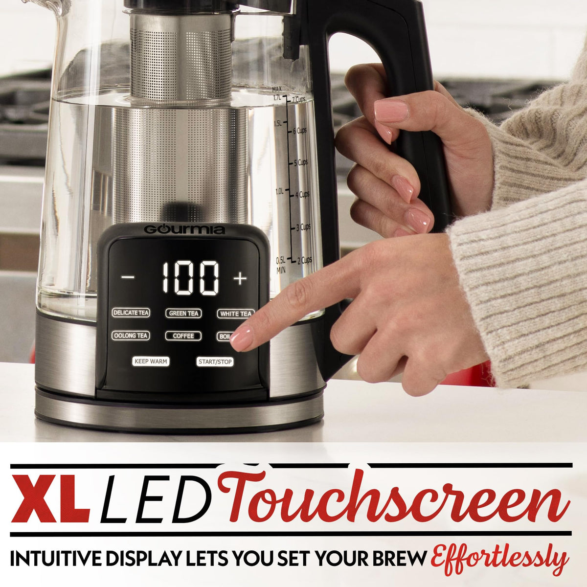 Gourmia removable tea infuser enables loose-leaf tea or tea bags in the kettle.