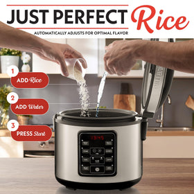 Gourmia 3qt capacity rice cooker shown for family-sized meals and convenience.