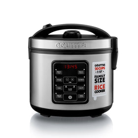 Gourmia Rice Cooker with 5 qt pot showing a pot of fluffy rice, ideal for family meals