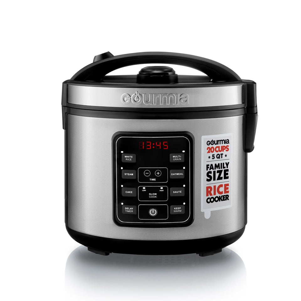 Gourmia Rice Cooker with 5 qt pot showing a pot of fluffy rice, ideal for family meals