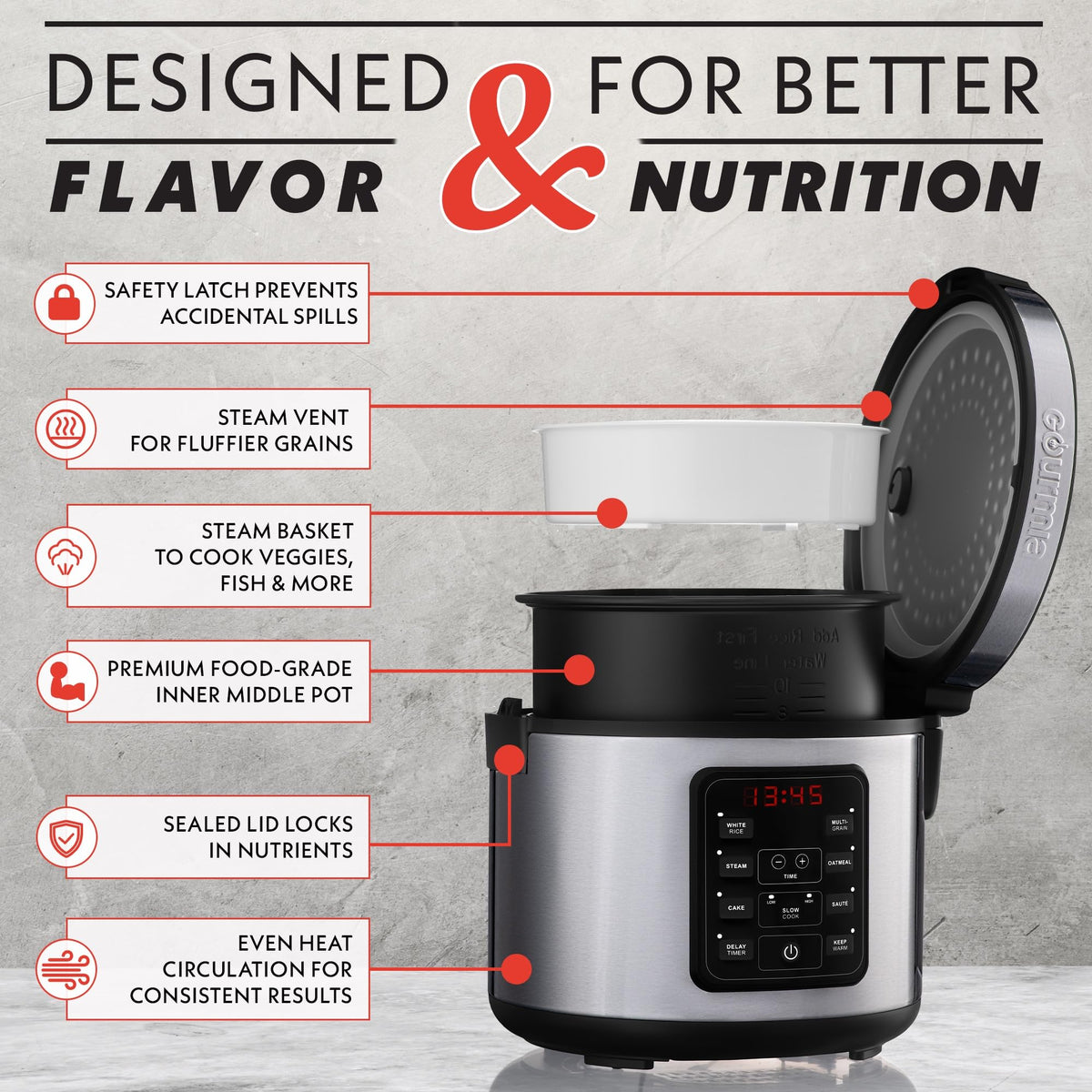 Nonstick ceramic pot inside Gourmia rice cooker for easy cleanup and even cooking.