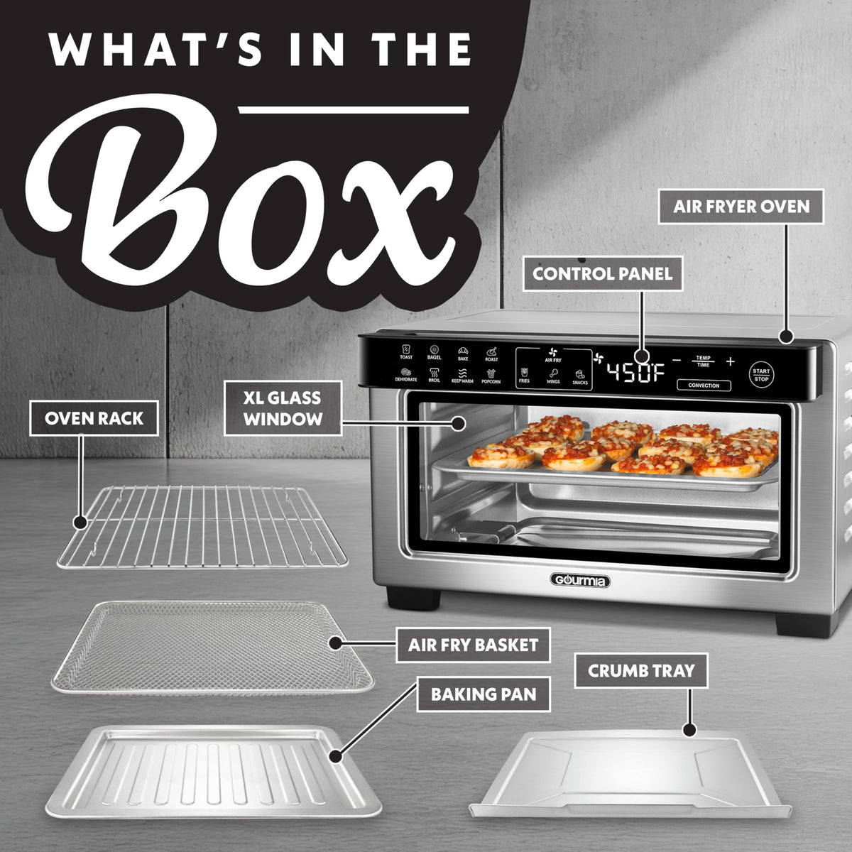 Gourmia toaster oven with 3 rack positions for flexible cooking layouts