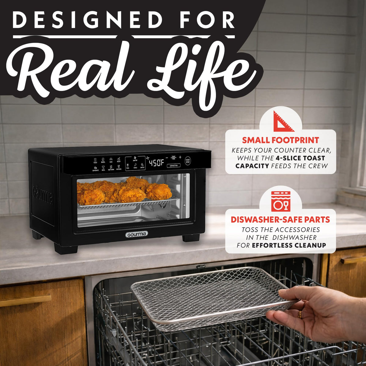 Gourmia oven rack with multiple levels for stacked batches.
