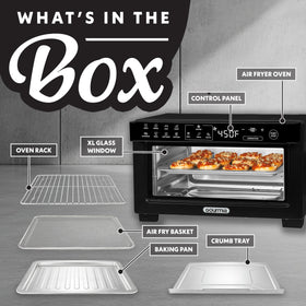 Gourmia toaster oven with 9-inch pizza for quick family meals.