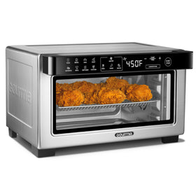 Gourmia toaster oven front view showing compact stainless steel body for kitchens