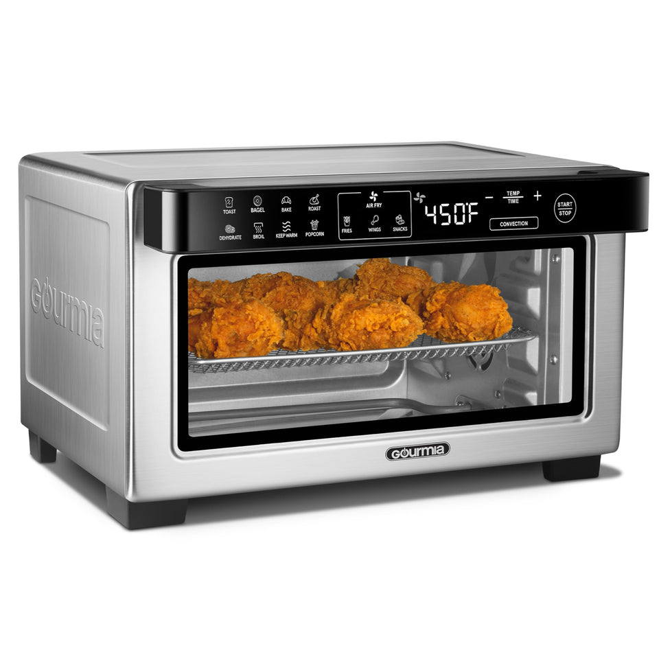 Gourmia toaster oven front view showing compact stainless steel body for kitchens