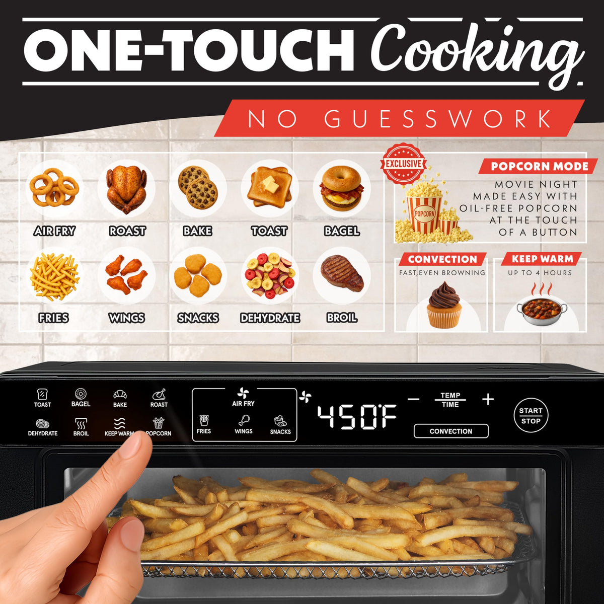 Gourmia toaster oven interior shows adjustable rack for multiple dishes.