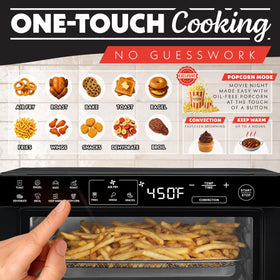Gourmia toaster oven interior shows adjustable rack for multiple dishes.