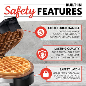 Gourmia waffle maker in upright storage position to keep counters tidy when not in use.