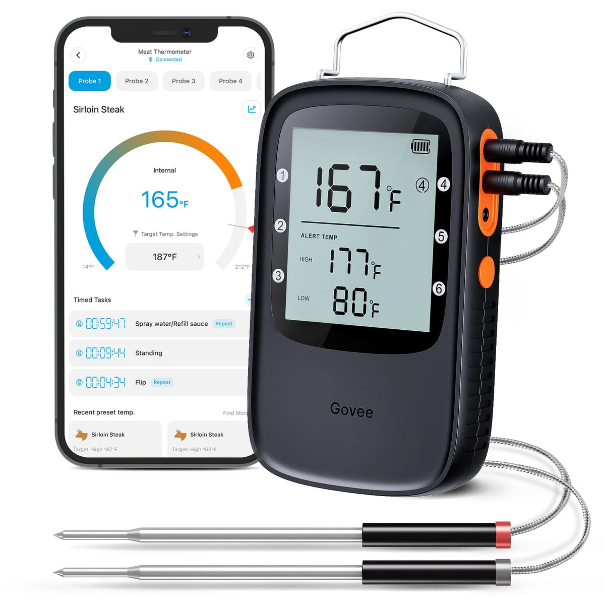 Govee Bluetooth meat thermometer probes for precise doneness on grill or smoker.