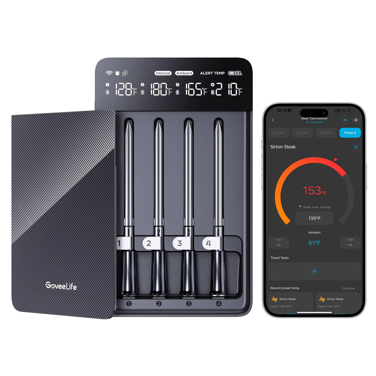 GoveeLife 4-probe thermometer front view showing four probes for multi-dish precision