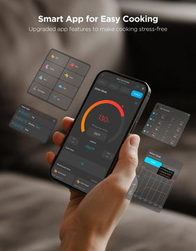 Grill-use setup with GoveeLife thermometer tracking internal and ambient temps