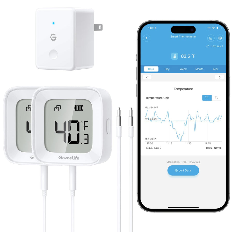 GoveeLife WiFi fridge thermometer front display shows real-time temperature at a glance