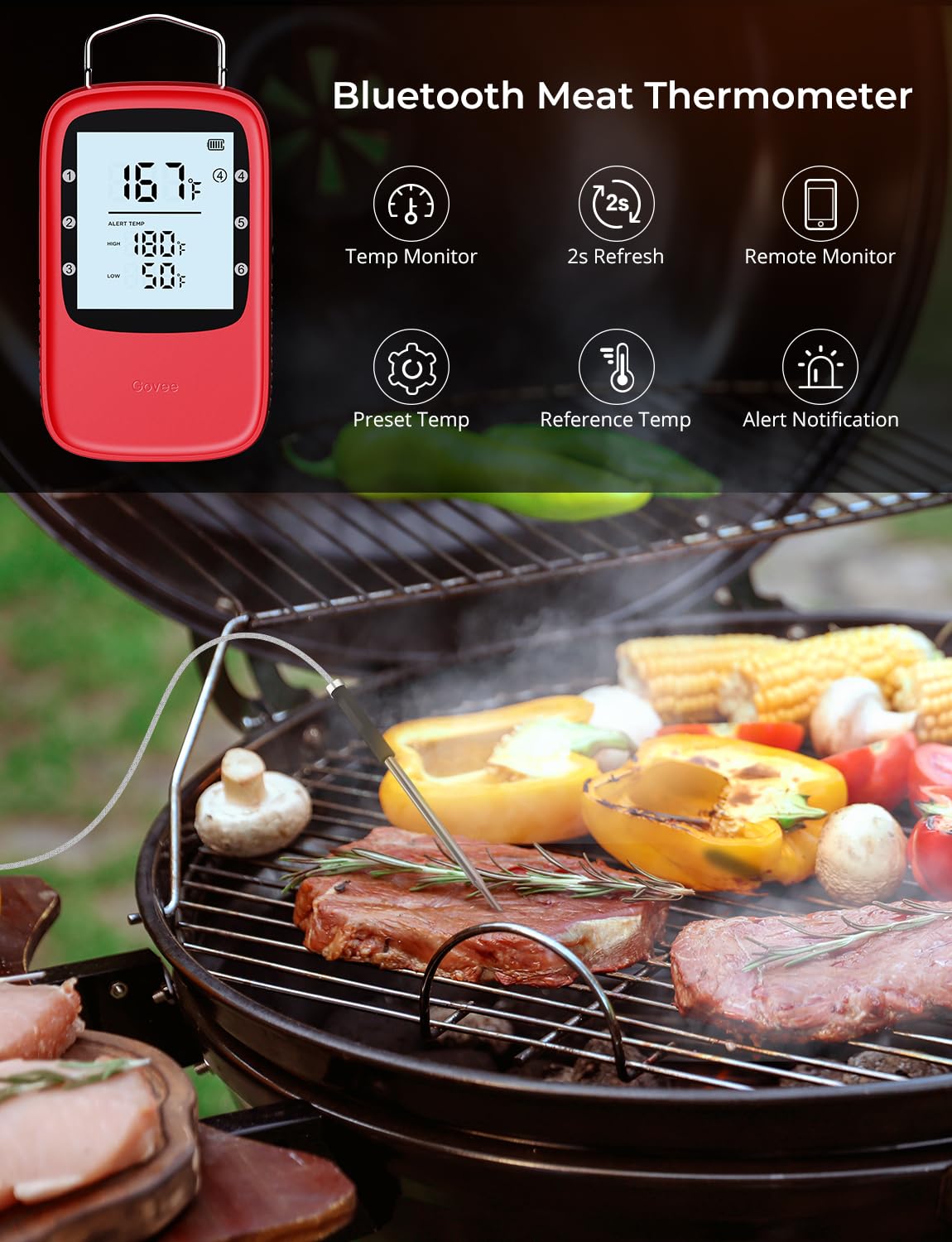 Govee thermometer probe close-up shows durable probes for accurate doneness.