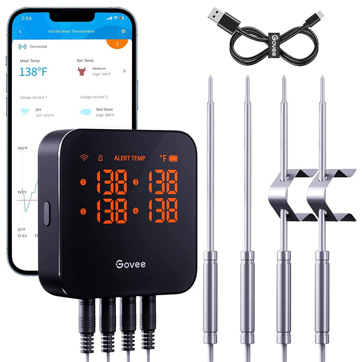 Govee WiFi meat thermometer with four probes monitors multiple foods for consistent grilling.