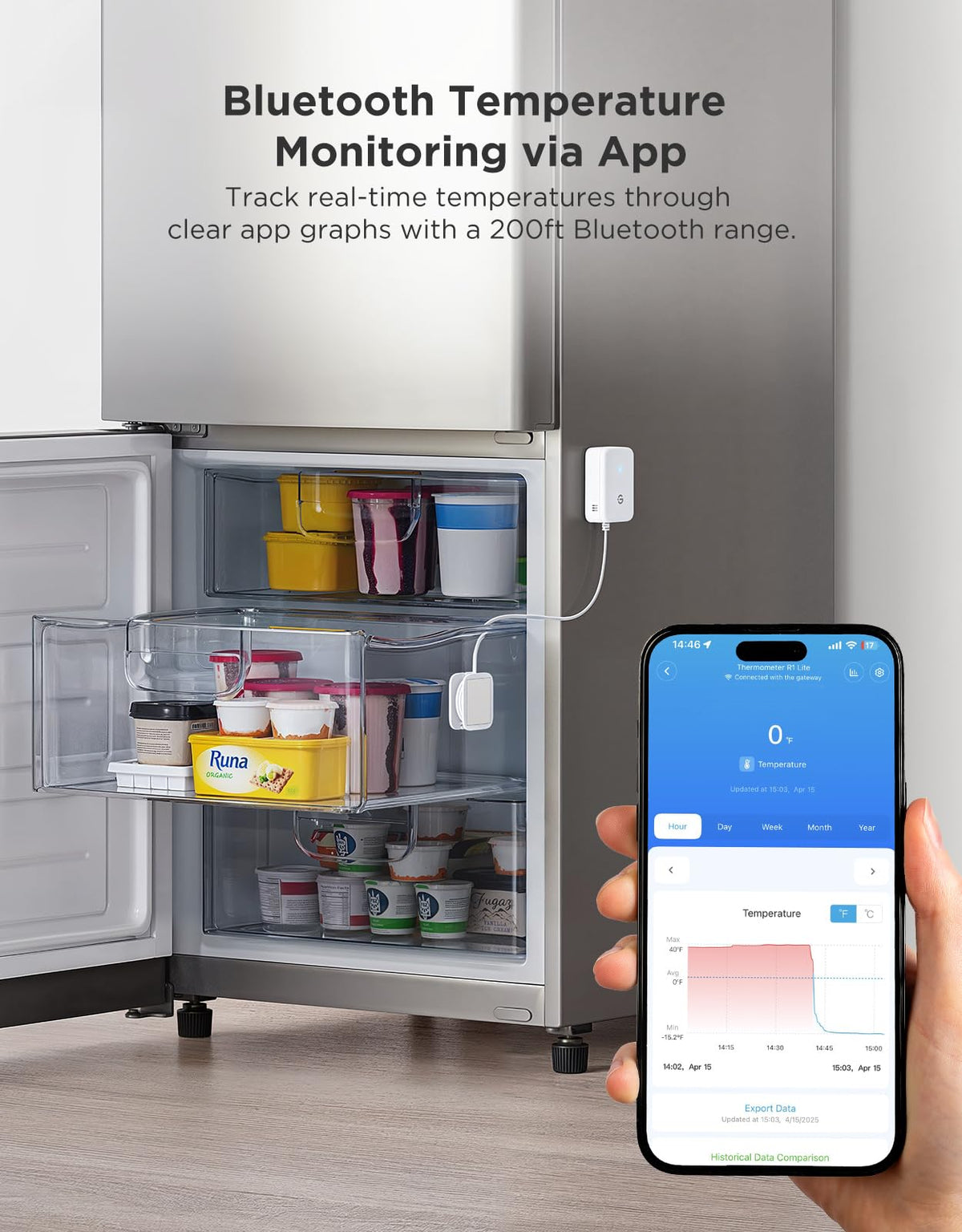 GoveeLife Bluetooth temperature sensor with 80 dB alarm and app integration.