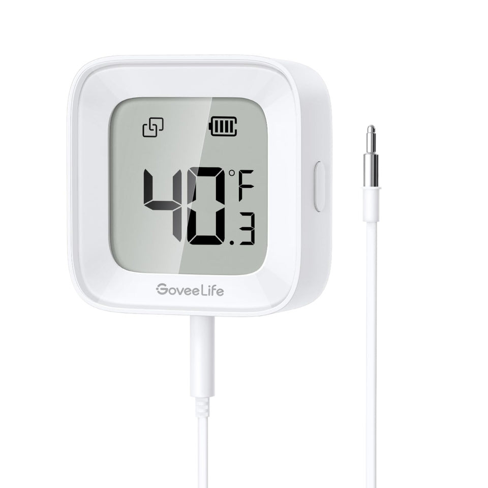 GoveeLife freezer thermometer holder showing tidy probe placement for reliable fridge monitoring.