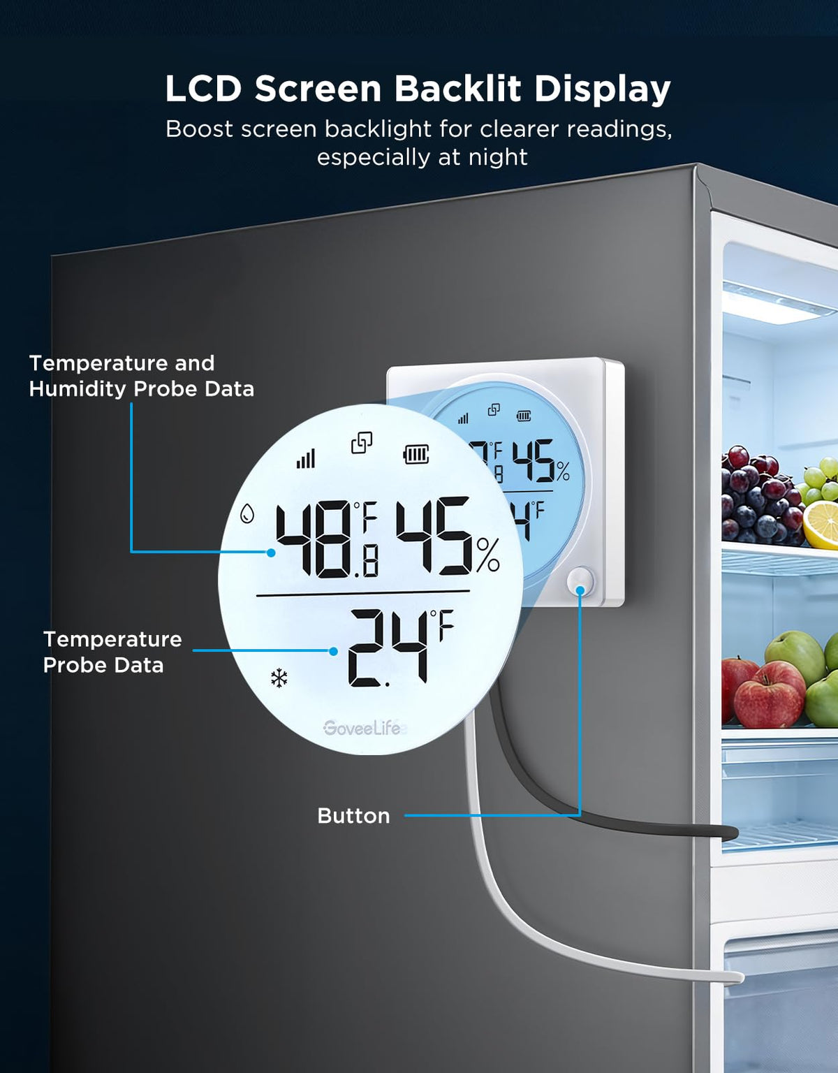 GoveeLife magnetic mount and waterproof body for quick fridge setup anywhere.