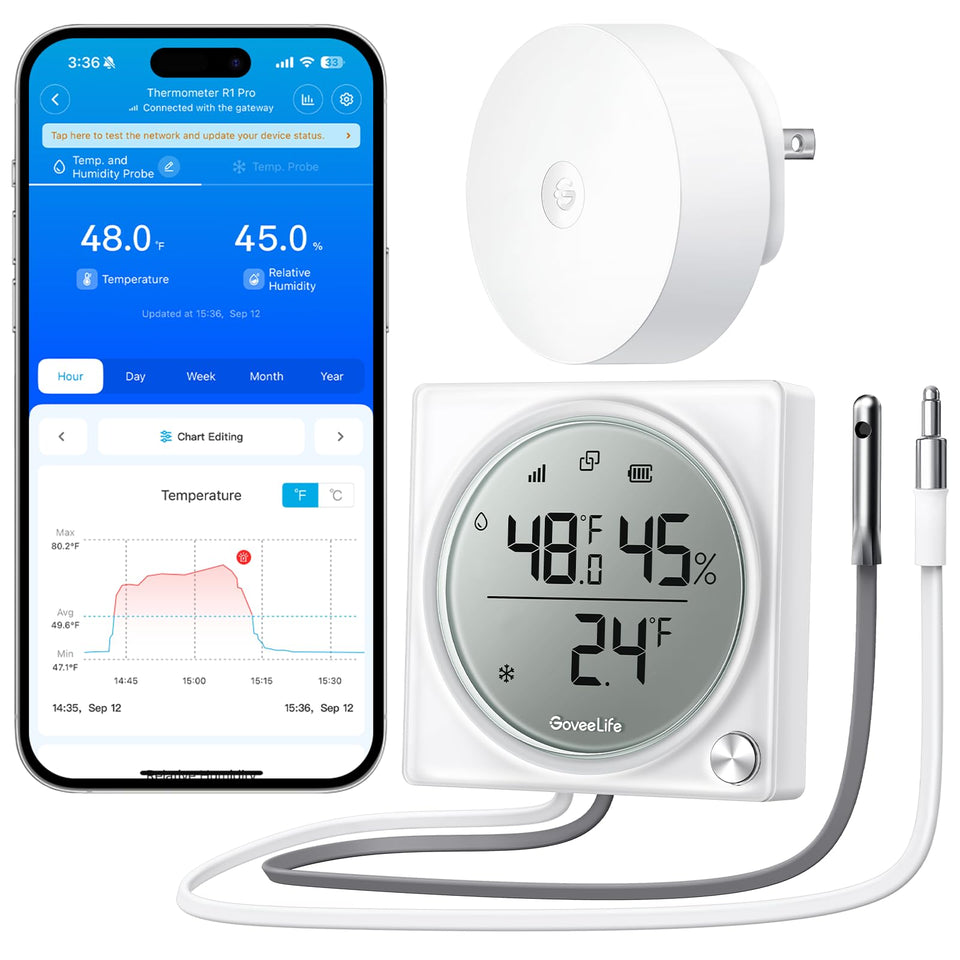 GoveeLife upgraded smart WiFi fridge thermometer front display for quick temperature checks.