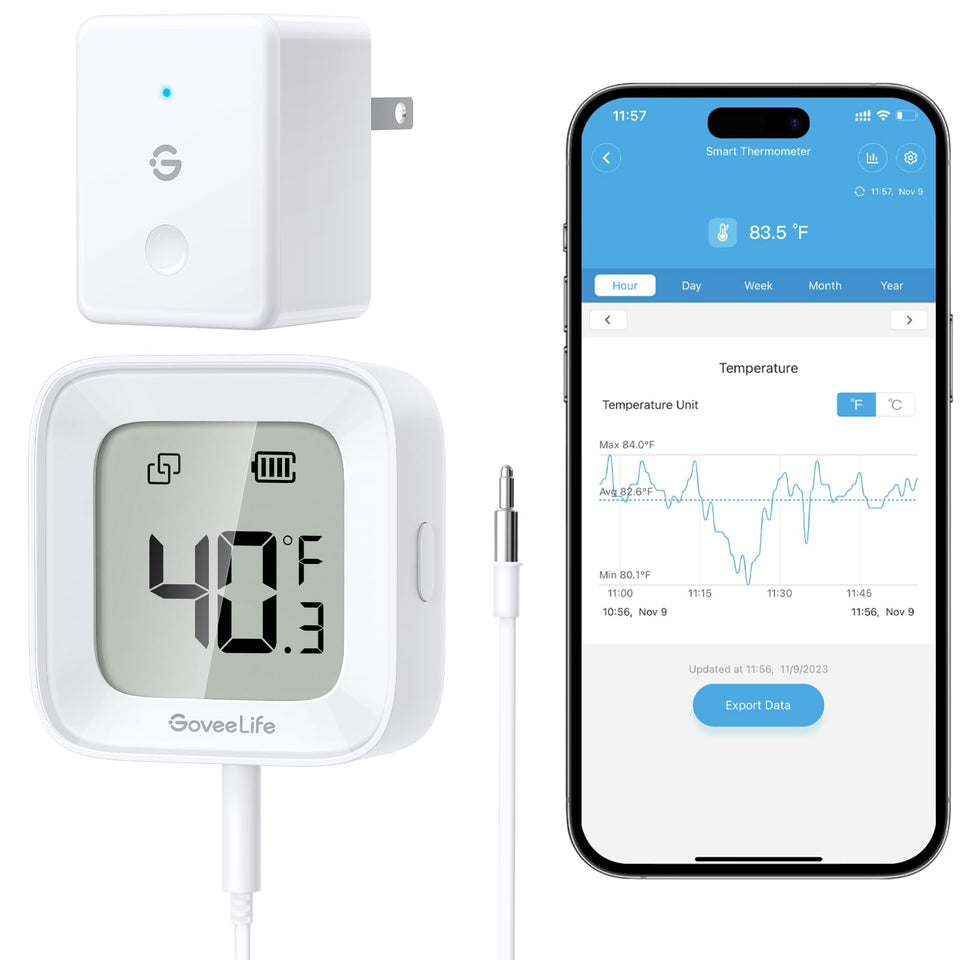 GoveeLife WiFi fridge thermometer front display shows real-time temperature