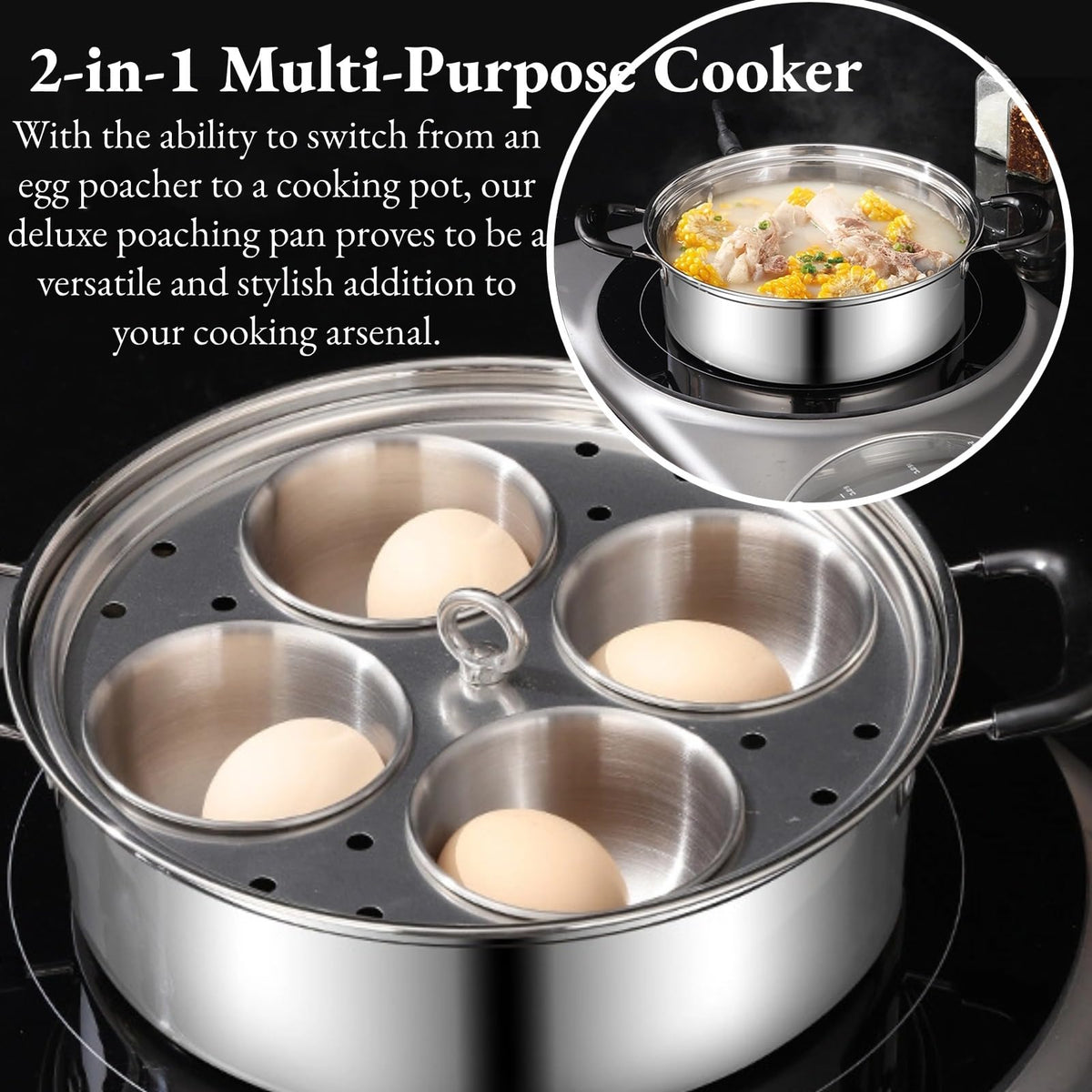 GOVNPJ four-cup insert in use for multiple poached eggs