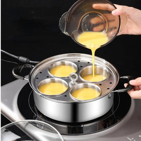 GOVNPJ Egg Poacher Pan on stove with simmering eggs