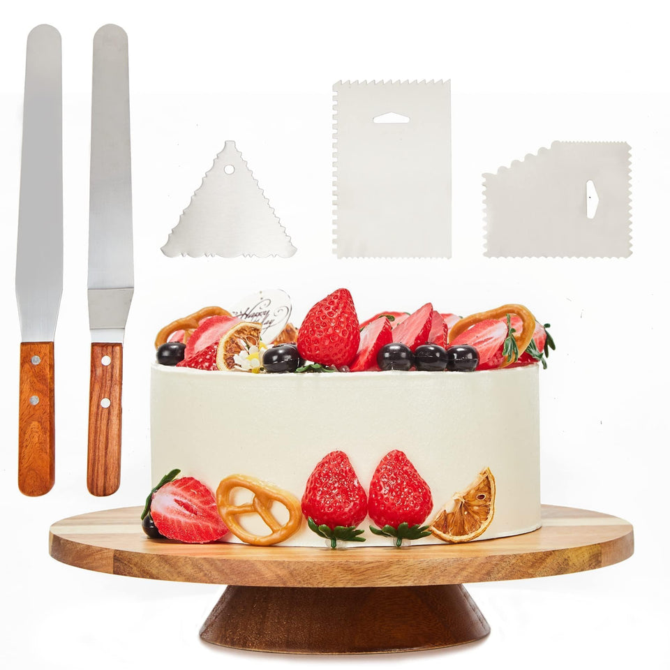 GOVOKOI 12-inch acacia cake stand with natural grain for stable decorating.