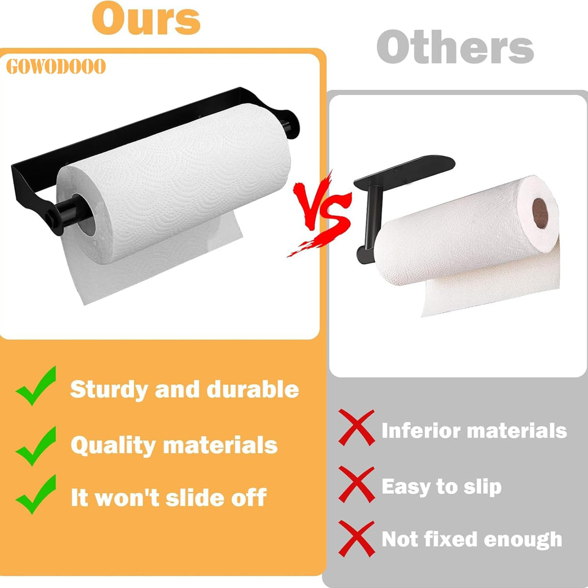 GOWODOOO 12-inch rod towel holder supports jumbo rolls for fewer replacements.