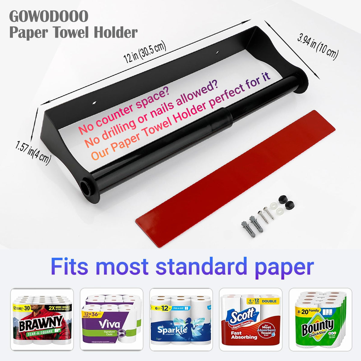 GOWODOOO under-cabinet mount with adhesive installation for renter-friendly setup.