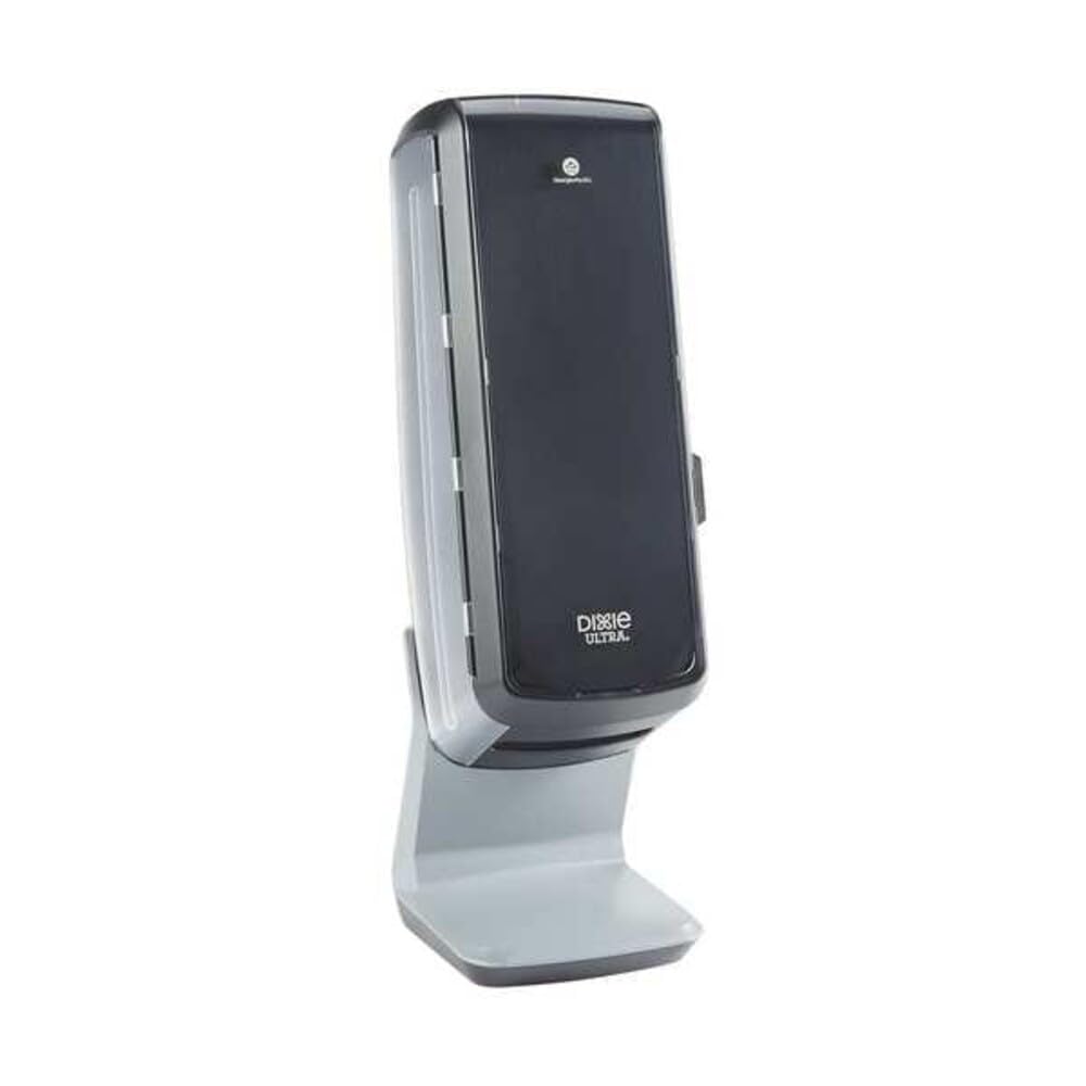 Georgia-Pacific Dixie Ultra tower dispenser, black front view, one-at-a-time dispensing.