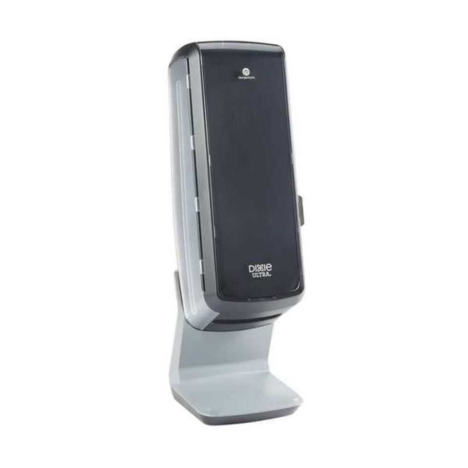 Georgia-Pacific Dixie Ultra tower dispenser, black front view, one-at-a-time dispensing.