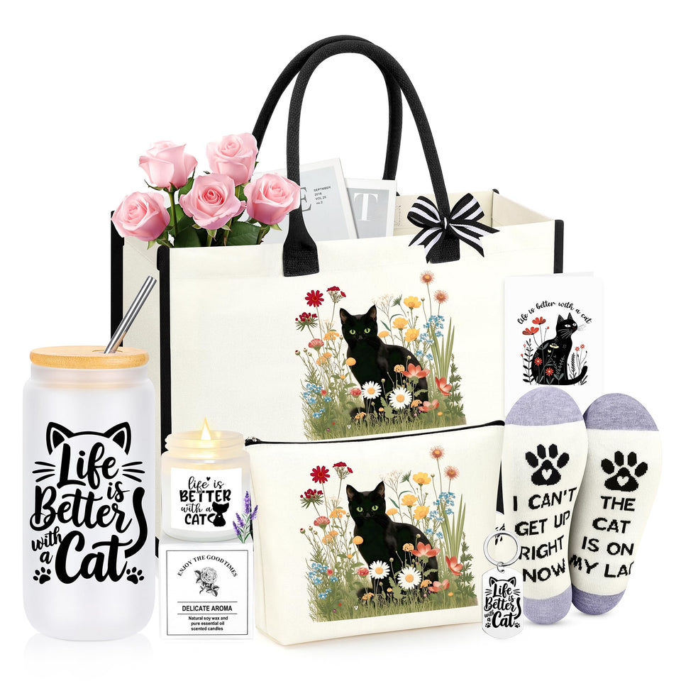 GQDECOR black cat tote bag offers durable cotton canvas and double-sided print for daily use.
