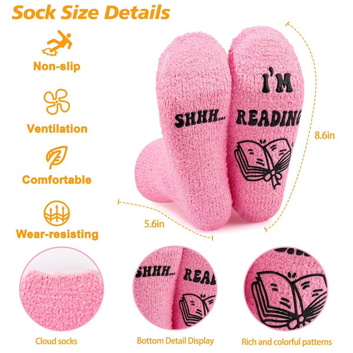 GQDECOR socks with 'Shhh, I'm Reading' for cozy reading sessions