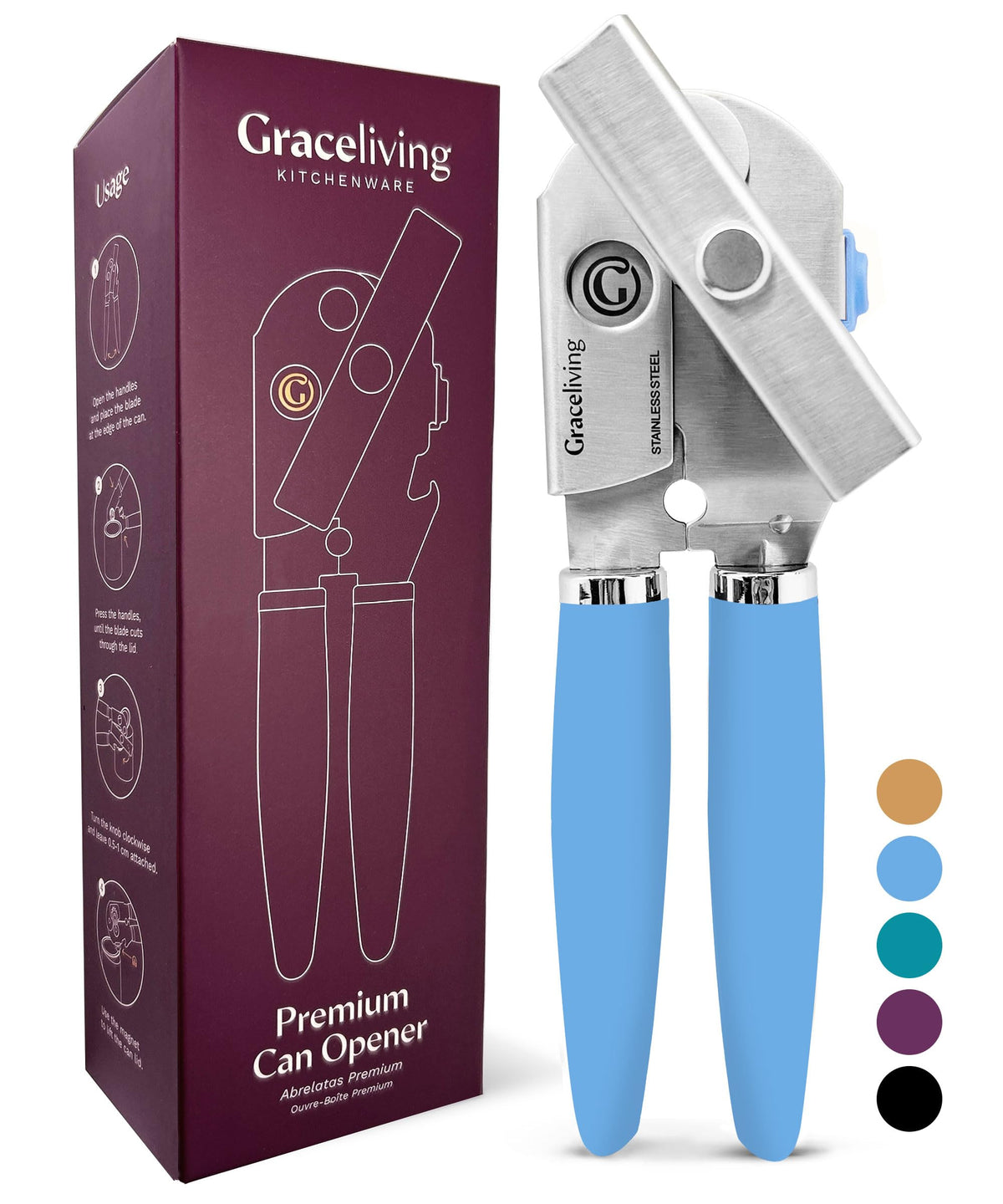 Graceliving premium magnetic can opener blue with rust-resistant steel