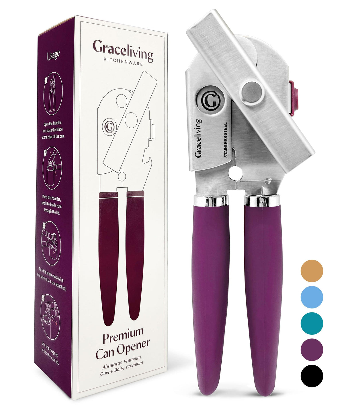 Graceliving premium magnetic can opener side view for effortless, safe kitchen use