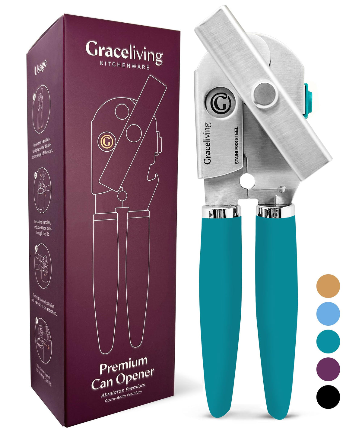 Graceliving teal magnetic manual can opener in angled view for easy kitchen use.