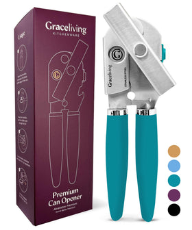 Graceliving teal magnetic manual can opener in angled view for easy kitchen use.