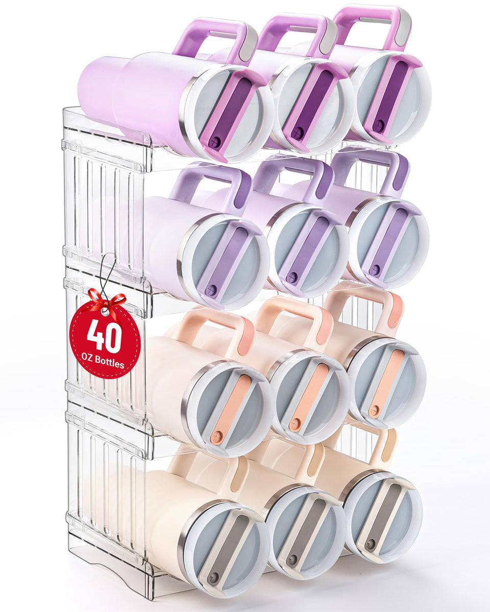 Gracenal large tumbler organizer keeps Stanley 40 oz bottles neatly accessible.