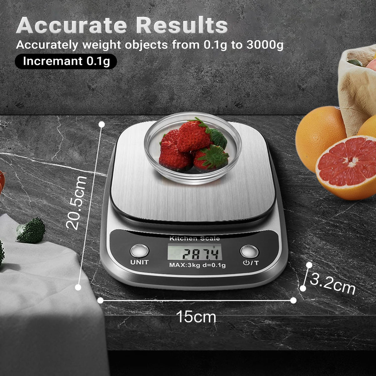 GRAM PRES scale showing weighing platform and measurements for accuracy in kitchen prep and portion control.