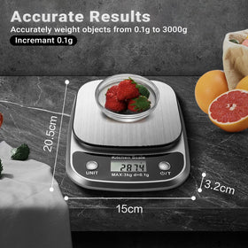 GRAM PRES scale showing weighing platform and measurements for accuracy in kitchen prep and portion control.