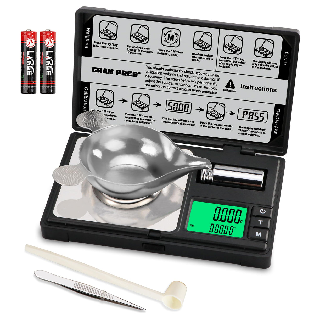 GRAM PRES high-precision scale with 0.001 g increments and 50 g capacity.
