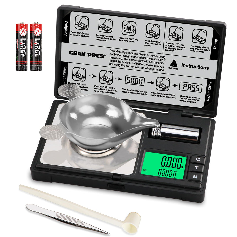 GRAM PRES high-precision scale with 0.001 g increments and 50 g capacity.
