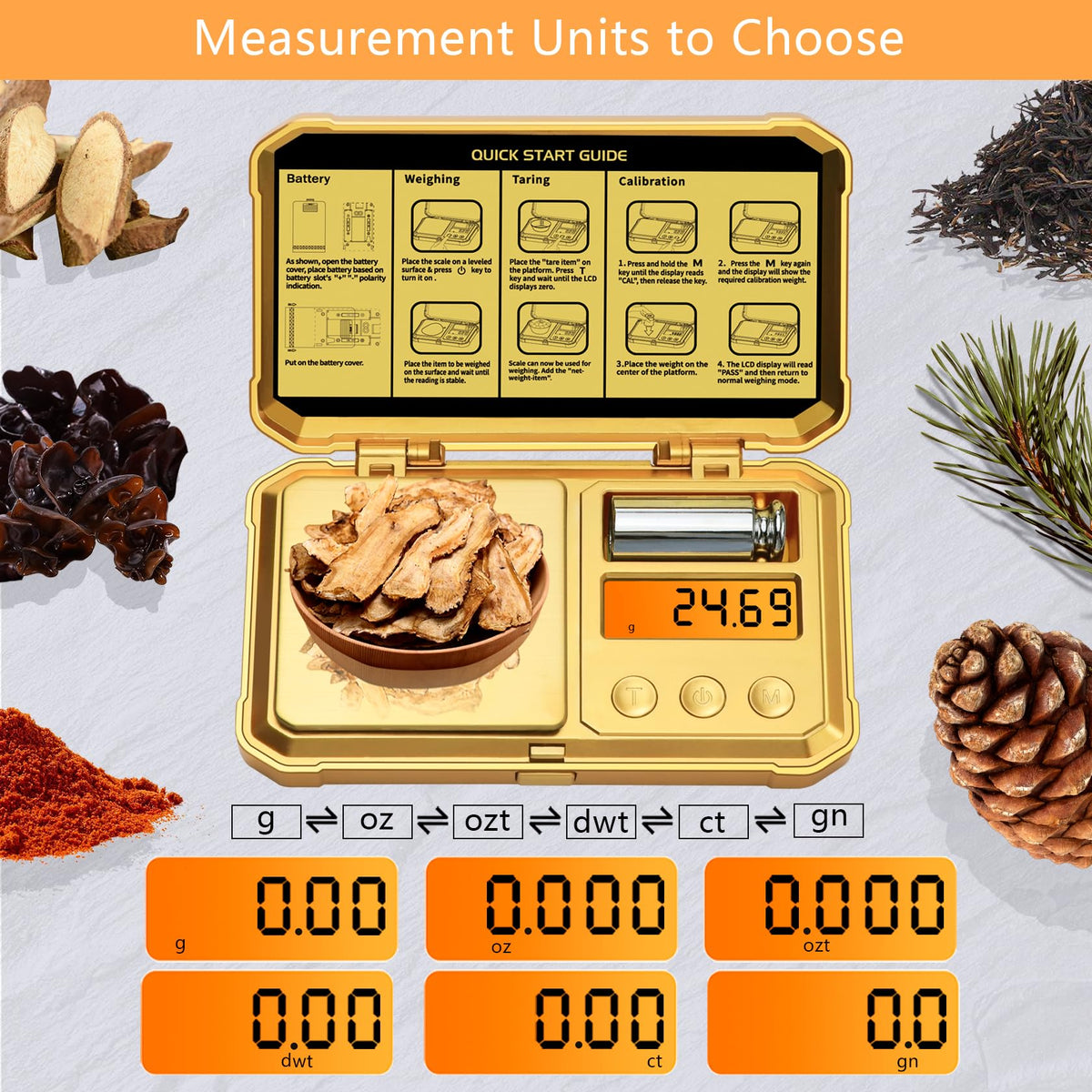GRAM PRES includes a 50 g calibration weight for simple accuracy checks.