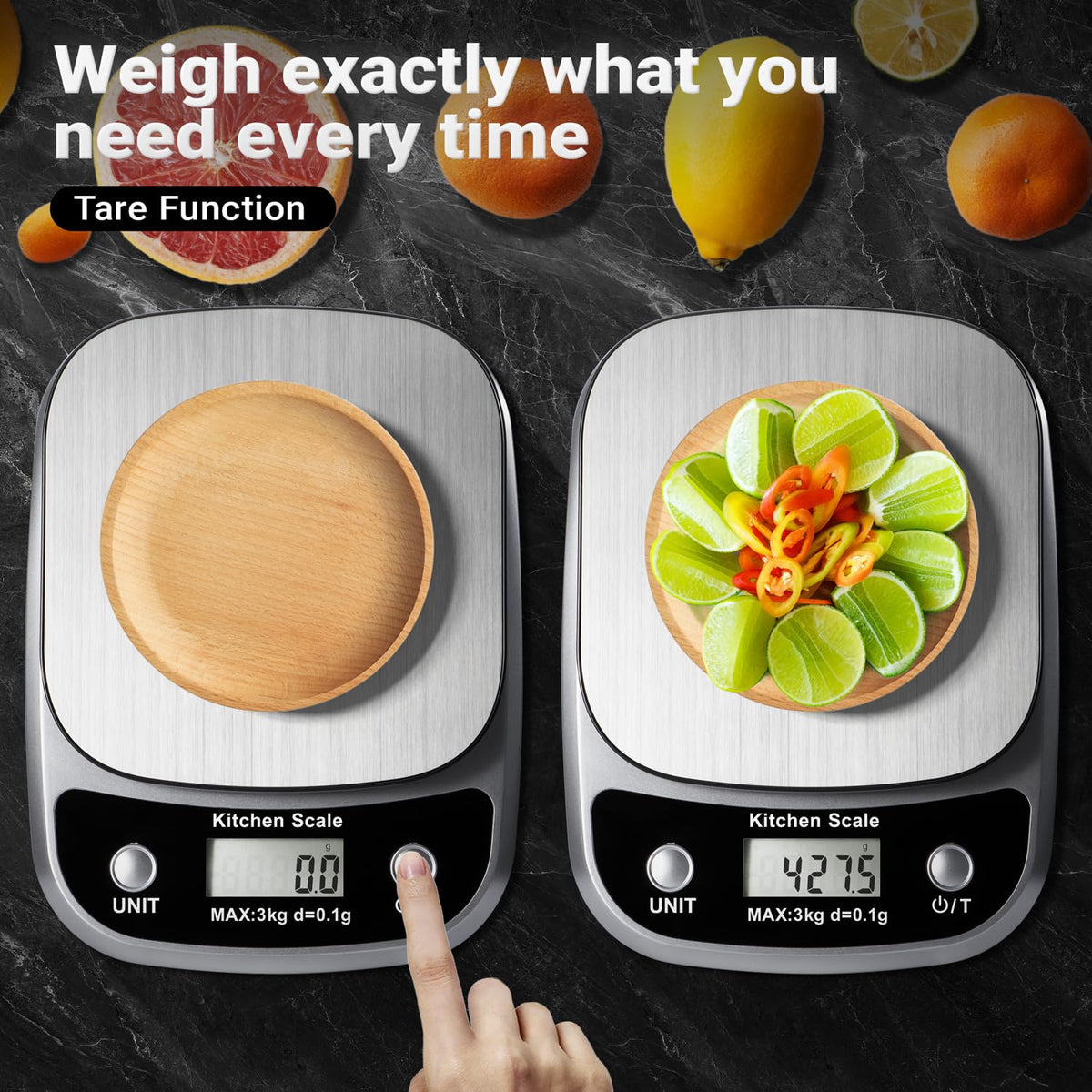 GRAM PRES compact scale on countertop with stainless steel plate, durable and easy to clean.