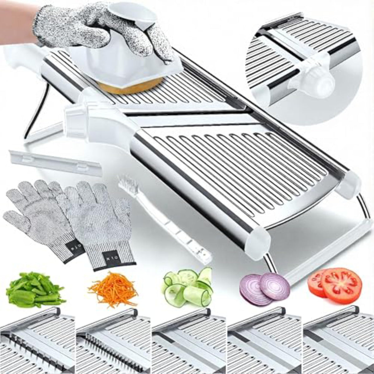 Gramercy adjustable mandoline shows the dial for precise thickness control.