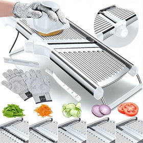 Gramercy adjustable mandoline shows the dial for precise thickness control.