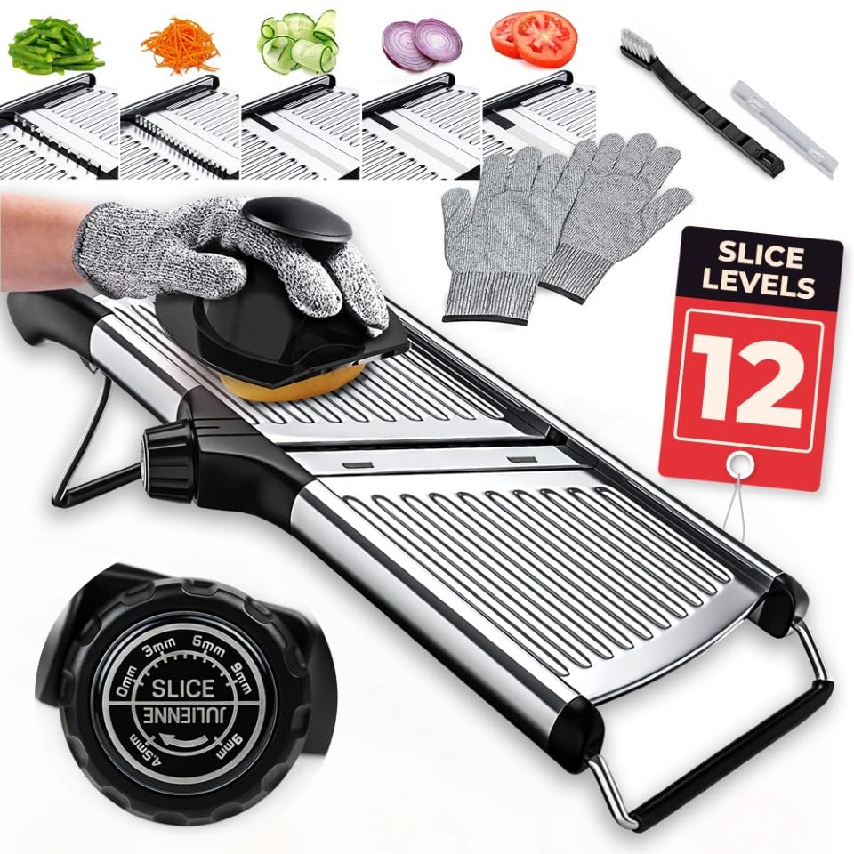 Gramercy Adjustable Mandoline with thickness dial for precise, even slices.