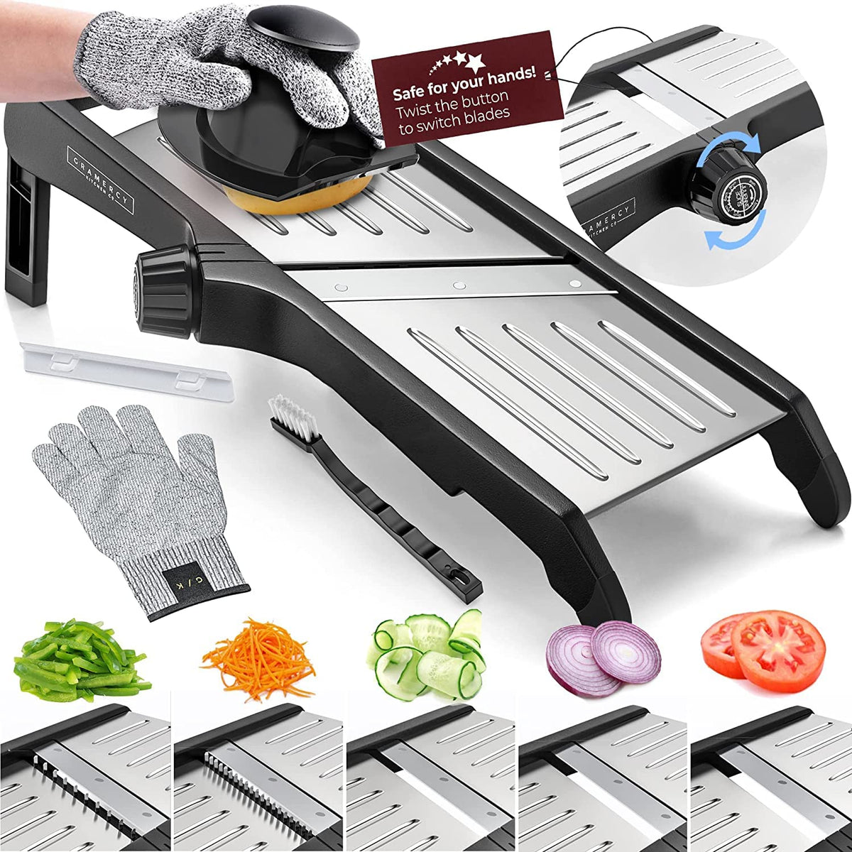Gramercy Mandoline blade close-up with a durable V-shaped blade for precise slicing